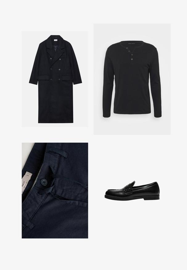 Dubbelgeknoopt zwart jasje gemaakt van gestructureerde stof, met een brede revers, twee opgestikte zakken aan de voorkant en donkere knopen. Lange, rechte uitstraling.; Zwart lange mouwen henley shirt van zachte stof, met een knoopsluiting, ronde halslijn en aansluitende mouwen.; Navyblauwe broek met een gladde textuur, voorzien van een knoopsluiting, trekkoord en labeltag. Gestikte accenten op de tailleband.; Zwarte leren loafers met een gladde afwerking, voorzien van stiksel op de voorkant en een lage, stevige zwarte rubberen zool.