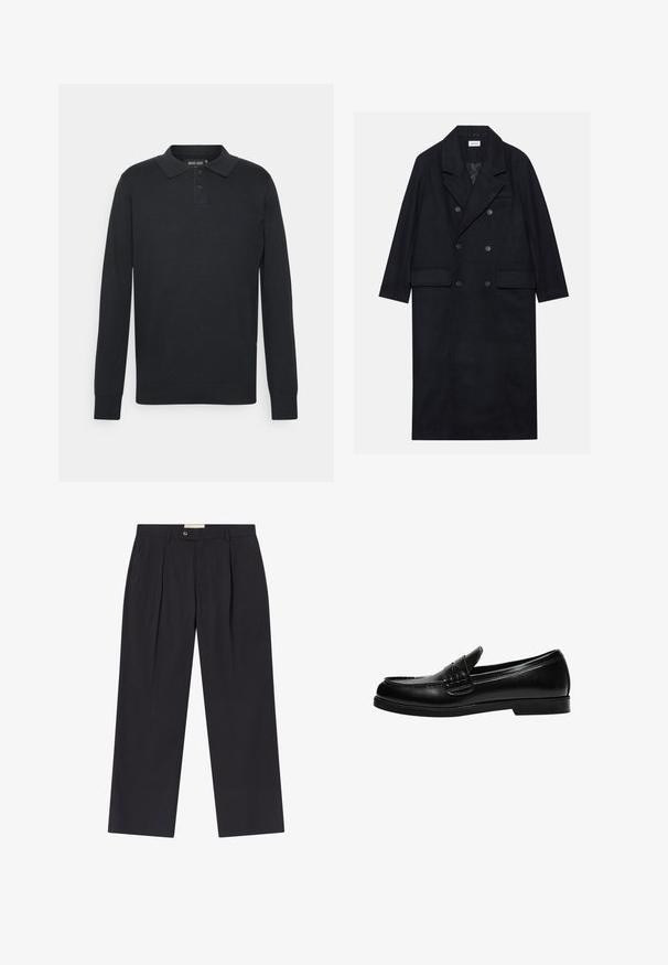 Doppelreihiger schwarzer Mantel aus strukturiertem Stoff, mit breitem Revers, zwei vorderen Taschen und dunklen Knöpfen. Langer, gerader Schnitt.; Schwarzhemden mit langen Ärmeln aus Baumwolle, mit Kragen, einer Dreiknopf-Leiste und gerippten Bündchen. Einfaches, zeitloses Design.; Maßgeschneiderte dunkelblaue Stoffhosen mit hoher Taille, zwei frontalen Falten, Knopfverschluss und geraden Beinen aus glattem Material.; Schwarze Lederloafer mit glatter Oberfläche, ausgestattet mit einer Nahtverzierung an der Vorderkappe und einer niedrigen, durchgehenden Gummisohle in Schwarz.