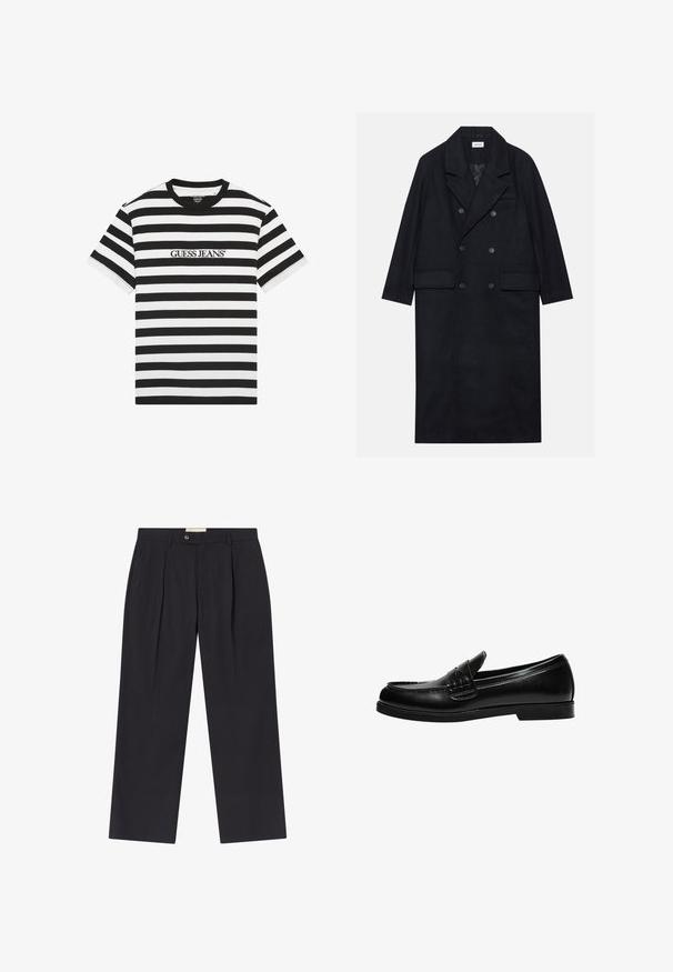 Dvouřadový černý kabát vyrobený z texturované tkaniny, s širokým límcem, dvěma předními kapsami a tmavými knoflíky. Dlouhá, rovná silueta.; Černobílý pruhovaný tričko z bavlny, s kulatým výstřihem a vyšitým logem "GUESS JEANS" na přední straně.; Upravené tmavě námořnické kalhoty s vysokým pasem, dvěma předními záhyby, zapínáním na knoflík a rovnými nohavicemi z hladkého materiálu.; Černé kožené mokasíny s hladkým povrchem, které mají prošívání na nártu a nízkou, jednolitou černou gumovou podrážku.