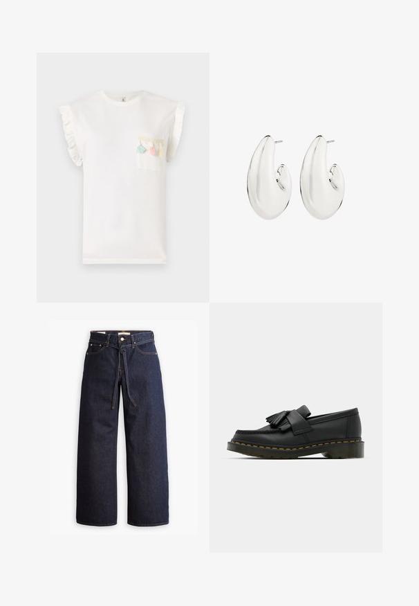 Dugi crni kaput s dvostrukim kopčanjem, izrađen od teksturirane tkanine, s širokim reverima, dva prednja džepa i tamnim dugmadi. Duga, ravna silueta.; Bijela pamučna majica s naboranim kratkim rukavima, s hrvatskom školjkom ukrašenom pastelnim pomponima i woven obrubom.; Široke tamnoplave traperice s visokim strukom, s vezicom, pet džepova i kontrastnim detaljima šavova.; Crne kožne mokasinke s zaobljenim vrhom, koje imaju resasti detalj i ukrasnu traku preko prednje strane, postavljene na debelu petu.; Srebrne naušnice s izduženim, zakrivljenim dizajnom. Glatka, refleksivna površina s probušenom pozadinom.