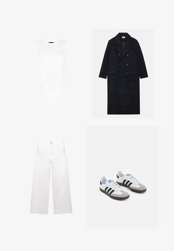 Dubbelgeknoopt zwart jasje gemaakt van gestructureerde stof, met een brede revers, twee opgestikte zakken aan de voorkant en donkere knopen. Lange, rechte uitstraling.; Witte mouwloze body met een ronde halslijn, een gladde textuur en een aansluitende silhouet, met een string-snede aan de onderkant.; Witte wijde jeans van katoen, met een hoge taille, vijf-pocket ontwerp en koperen hardware accenten. Glad, niet-gedistressed textuur.; Sportschoenen met een witte leren bovenkant, grijze suède neus en drie zwarte strepen. Bevat een blauw logo op de tong en een gestructureerde rubberen zool.