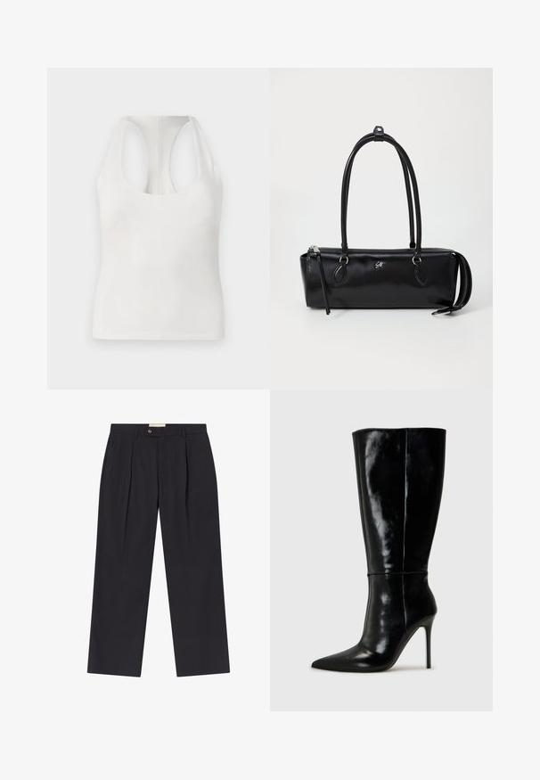 Abrigo negro de doble botonadura hecho de tejido texturizado, con solapa ancha, dos bolsillos frontales y botones oscuros. Silueta larga y recta.; Top sin mangas blanco, fabricado con un tejido suave, que presenta un escote redondeado y un diseño tipo racerback, con una textura lisa y sin patrones visibles.; Pantalones oscuros de navy ajustados con cintura alta, dos pliegues frontales, cierre de botón y piernas rectas en una tela suave.; Botas de cuero negro hasta la rodilla con punta afilada y tacón alto de aguja. Textura suave y diseño elegante, con detalles mínimos.; Bolso de mano de cuero negro con forma rectangular, textura suave, dos asas, cierre con cremallera y un pequeño logo en la parte frontal.