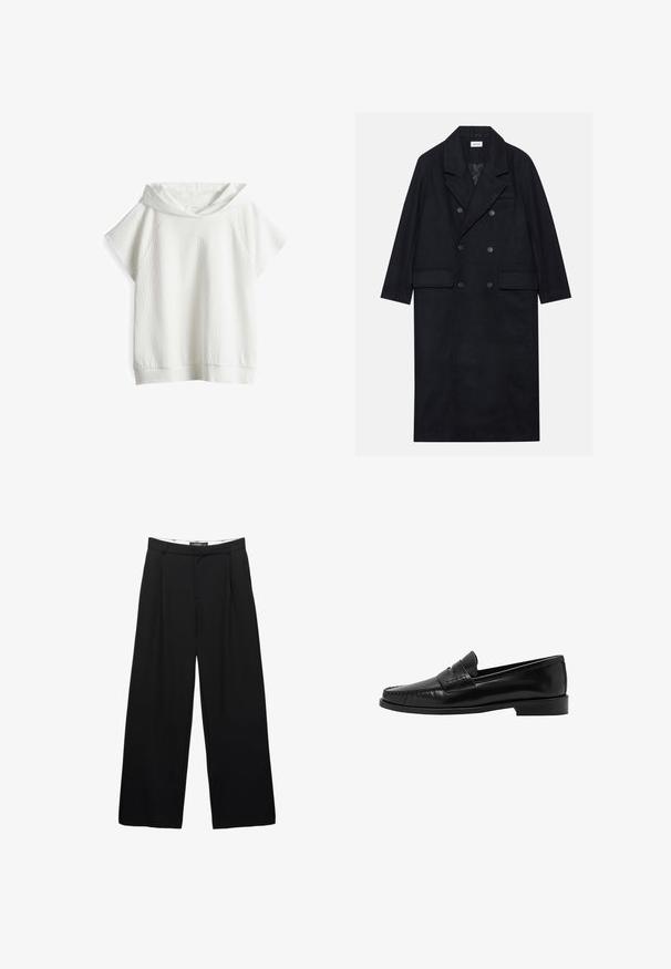 Dubbelgeknoopt zwart jasje gemaakt van gestructureerde stof, met een brede revers, twee opgestikte zakken aan de voorkant en donkere knopen. Lange, rechte uitstraling.; Witte hoodie met korte mouwen van een textuurstof, ruime capuchon en een ontspannen pasvorm. Kenmerkt raglanmouwen en een rechte zoom.; Zwarte wijde pantalon van soepel materiaal. Voorzien van plooien aan de voorkant, een tailleband met riemlussen en een getailleerd silhouet.; Mango Instappers - black