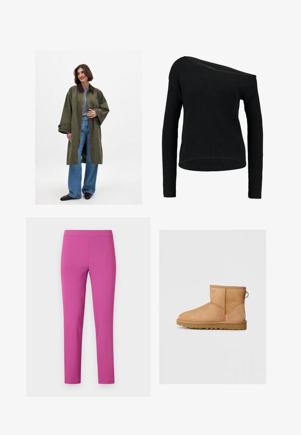 Manteau oversize vert olive avec col marron, fabriqué dans un tissu lisse. Manches longues, devant ouvert, porté sur un haut gris et un jeans large bleu.; Pull en tricot noir avec un col asymétrique, des manches longues et une texture côtelée, offrant une coupe décontractée et un ourlet.; Pantalons ajustés à taille haute en rose vif, fabriqués en tissu lisse et extensible. Coupe longueur cheville sans poches ni fermetures visibles.; Bottines en suède beige avec bout rond, détails cousus, tirant à l'arrière et semelle en caoutchouc texturé. Conçues pour le confort et la chaleur.