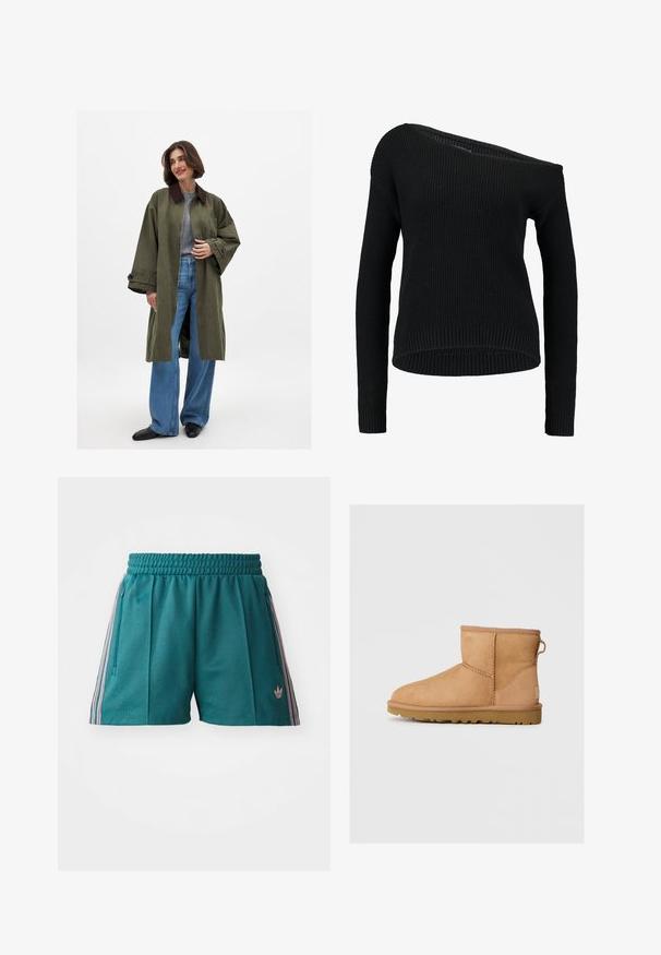 Olivgrön oversized kappa med brunt krage, tillverkad av ett mjukt tyg. Långa ärmar, öppen framtill, bärs över en grå topp och blå vida jeans.; Svart stickad tröja med asymmetrisk halsringning, långa ärmar och ribbad textur, med en avslappnad passform och nederkant.; Turkosa sportshorts med elastisk midja, har rosa och vita randiga sidodetaljer samt fickor med dragkedja på sidorna. Logotyp på fållen.; Tan mockasinfärgad ankelbotten med rund tå, sydda detaljer, dragflik på baksidan och ett strukturerat gummisul. Designad för komfort och värme.