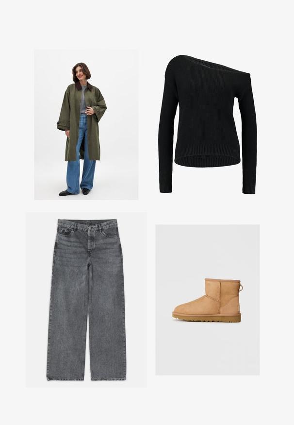 Olive roheline suur mantel pruunide kraega, valmistatud siledast kangast. Pikad varrukad, avatud esiosa, kantud halli tipuga ja siniste laia jalaga teksadega.; Must mustreeritud must särk, millel on asümmeetriline kaelus, pikad varrukad ja ribakujuline tekstuur. Särk on mugava lõikega ja soodsa äärega.; Laia püksid tumedas hallis denimis. Omavad kõrget vööd, viit taskut ning esist nööbist sulgemist. Sile pind kerge kulumisega.; Taani nahast ankle-saapad ümarate varvastega, tikandi detailide ja tagumise tõmbluku kohta, tekstuuriga kummist tallaga. Kujundatud mugavuseks ja soojuseks.