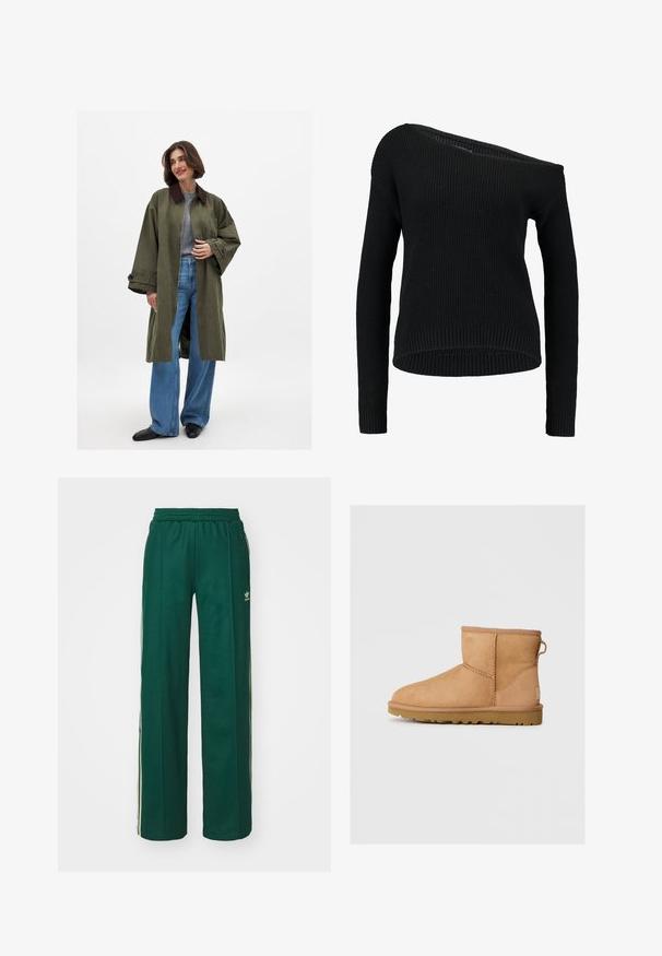 Cappotto oversize verde oliva con colletto marrone, realizzato in un tessuto liscio. Maniche lunghe, apertura frontale, indossato sopra un top grigio e jeans a gamba larga blu.; Maglione nero lavorato a maglia con scollatura asimmetrica, maniche lunghe e texture a costine, dal taglio rilassato e orlo.; Pantaloni sportivi verde scuro con una vestibilità comoda, dotati di vita con coulisse, tasche laterali e strisce color crema lungo i lati.; Stivali ankle in suede color tan con punta tonda, dettagli cuciti, linguetta sul retro e suola in gomma texture. Progettati per comfort e calore.