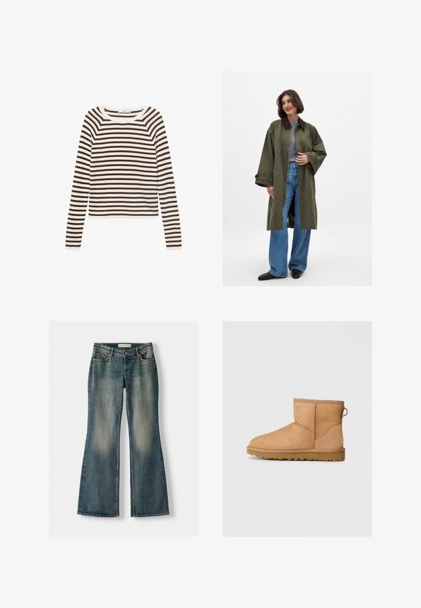 Olivengrüner, oversized Mantel mit braunem Kragen, aus glattem Material gefertigt. Lange Ärmeln, offene Front, getragen über einem grauen Oberteil und blauen, weiten Jeans.; Langarmshirt mit horizontalen Streifen in Braun und Weiß, gefertigt aus weichem Stoff mit rundem Ausschnitt und tailliertem Schnitt.; Blaue Schlagjeans mit einem ausgewaschenen Look, fünf Taschen und einem Knopfverschluss. Das Material zeigt eine Denim-Textur mit dezenten Stickdetails.; Hellbraune Wildleder-Stiefeletten mit runder Zehenpartie, genähten Details, Ziehschlaufe an der Rückseite und einer strukturierten Gummisohle. Entwickelt für Komfort und Wärme.