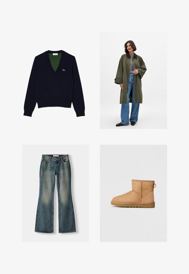 Olivengrüner, oversized Mantel mit braunem Kragen, aus glattem Material gefertigt. Lange Ärmeln, offene Front, getragen über einem grauen Oberteil und blauen, weiten Jeans.; Navy V-Ausschnitt-Pullover aus weichem Stoff, mit geripptem Kragen und Bündchen, kontrastierendem grünen Innenfutter und kleinem Logo auf der Brust.; Blaue Schlagjeans mit einem ausgewaschenen Look, fünf Taschen und einem Knopfverschluss. Das Material zeigt eine Denim-Textur mit dezenten Stickdetails.; Hellbraune Wildleder-Stiefeletten mit runder Zehenpartie, genähten Details, Ziehschlaufe an der Rückseite und einer strukturierten Gummisohle. Entwickelt für Komfort und Wärme.