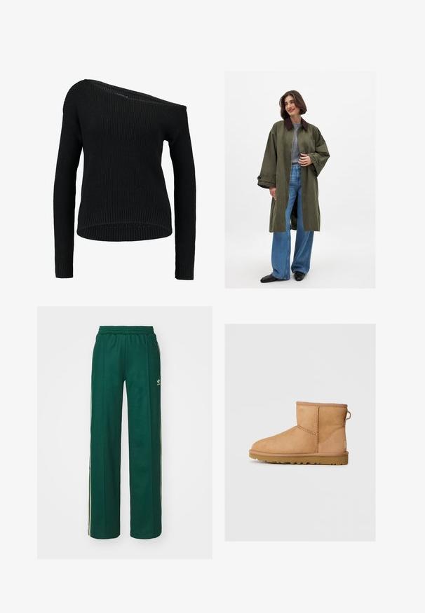 Olivengrüner, oversized Mantel mit braunem Kragen, aus glattem Material gefertigt. Lange Ärmeln, offene Front, getragen über einem grauen Oberteil und blauen, weiten Jeans.; Schwarzer Strickpullover mit asymmetrischem Ausschnitt, langen Ärmeln und geripptem Textil mit lockerer Passform und Saum.; Dunkelgrüne Sporthose mit lockerer Passform, ausgestattet mit einem Kordelzugbund, Seitentaschen und cremefarbenen Streifen an den Seiten.; Hellbraune Wildleder-Stiefeletten mit runder Zehenpartie, genähten Details, Ziehschlaufe an der Rückseite und einer strukturierten Gummisohle. Entwickelt für Komfort und Wärme.