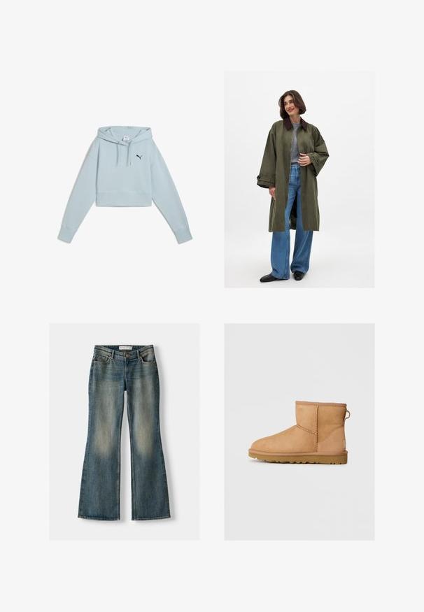 Olivovo zelený prešívaný kabát s hnedým golierom, vyrobený z hladkej látky. Dlhé rukávy, otvorený predný diel, nosený cez šedý top a modré široké nohavice.; Svetlomodrá skrátená mikina vyrobená z mäkkého materiálu, s prednou klokankou, kapucňou na šnúrku a námorníckym logom na ľavej hrudi.; Modré vyšívané džínsy s vyblednutým vzhľadom, piatimi vreckami a zapínaním na gombík. Materiál zobrazuje denimovú textúru s jemnými švovými detailmi.; Svetlohnedé semišové členkové topánky s okrúhlou špičkou, prešívaním, pútkom na zadnej strane a textúrovanou gumovou podrážkou. Navrhnuté pre pohodlie a teplo.