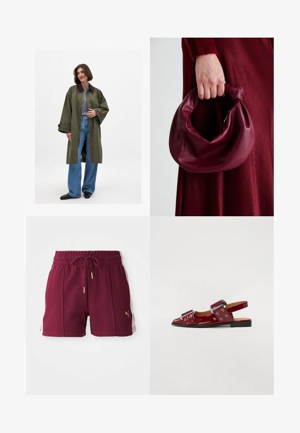 Manteau oversize vert olive avec col marron, fabriqué dans un tissu lisse. Manches longues, devant ouvert, porté sur un haut gris et un jeans large bleu.; Chemise à rayures jaunes avec manches longues, col pointu et fermeture à boutons sur le devant. Présente des rayures verticales bleues et une coupe ajustée.; Shorts de sport bordeaux en tissu texturé, avec une taille élastique, un cordon de serrage et des panneaux latéraux crèmes comportant un détail de logo doré.; Chaussures slingback en cuir verni bordeaux avec un bout pointu, dotées de deux sangles réglables à boucle et d'accents en métal argenté.; Sac à main en cuir bordeaux au design doux et froncé, avec une forme arrondie. La poignée est fixée, mettant en valeur une texture lisse.