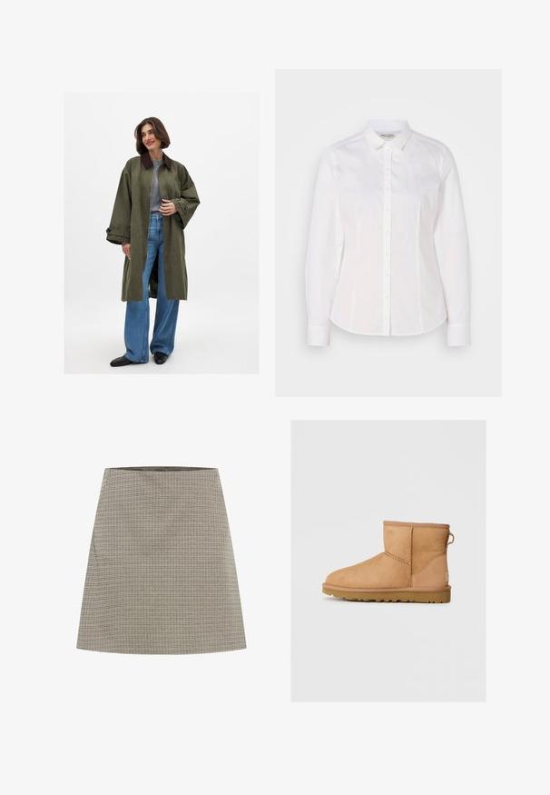 Alyvuogių spalvos per didelis paltas su rudais atlapais, pagamintas iš lygaus audinio. Ilgos rankovės, atviras priekinis uždarymas, dėvimas ant pilkos viršutinės dalies ir mėlynų plačių kelnių.; Balta marškiniai su mygtukais, pagaminti iš lygaus medvilnės, su klasikine apykakle, ilgomis rankovėmis ir subtiliu logotipu ant krūtinės. Su priekiu užsegamais mygtukais.; Pilkos A formos sijonas su mažai patikrinta danga. Pasižymi lygiu paviršiumi ir švariu juosmeniu. Krenta virš kelių.; Tan suede aulinukai iki kulkšnies su apvaliu nosiu, siuvinėtomis detalėmis, užtraukiamu lipduku gale ir tekstūruotu guminėmis padais. Sukurta komfortui ir šilumai.