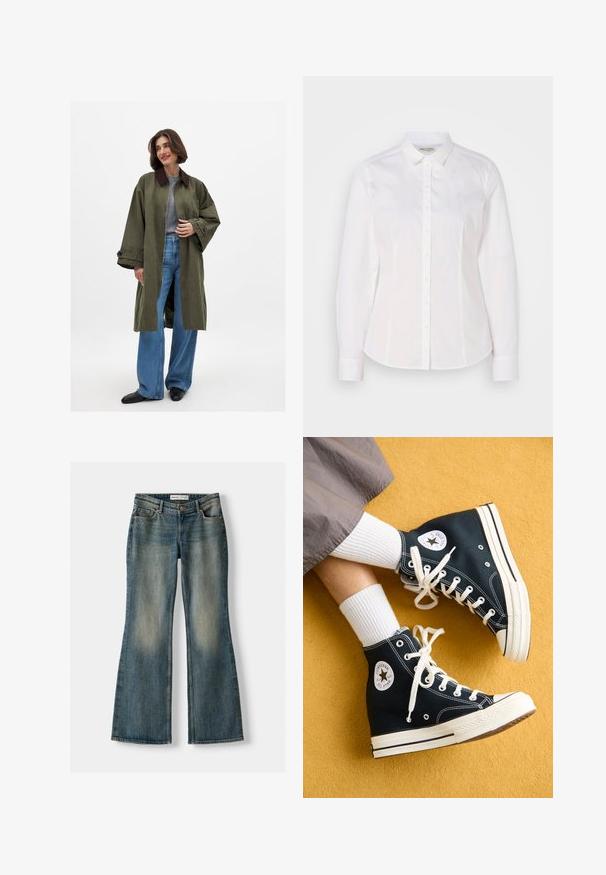 Olivno zelena prevelika plašč s svetlo rjavim ovratnikom, izdelan iz gladkega materiala. Dolgi rokavi, odprta sprednja stran, nošen čez sivo majico in široke modre kavbojke.; Bela srajca s gumbki, izdelana iz gladkega bombaža, z klasikastim ovratnikom, dolgimi rokavi in diskretno logotipom na prsih. Ima sprednje zapiranje z gumbi.; Modre razširjene kavbojke z zbledelim pranjem, petimi žepi in gumbom za zapiranje. Material ima teksturo džinsa z diskretnimi šivi.; Črne visokotopne platnene teniske z belimi vezalkami in gumijastimi podplati, ki imajo okroglo Converse All Star oznako na zunanji strani.