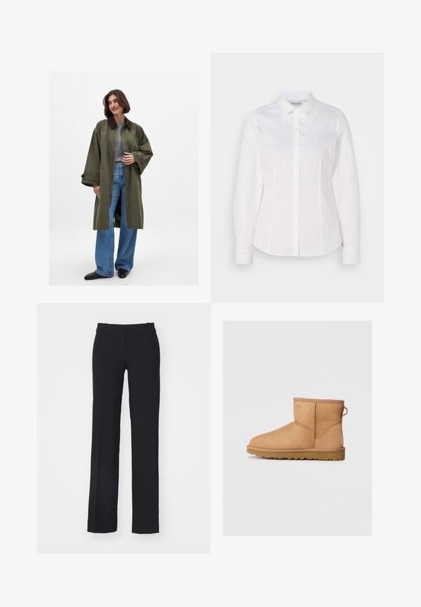 Olivza zaļš pārmērīgs mētelis ar brūnu apkakli, izgatavots no gludas auduma. Garas piedurknes, atvērta priekšpuse, nēsāts virs pelēka topa un ziliem plašiem biksēm.; Balta pogca krekls, kas izgatavots no gluda kokvilnas, ar klasisku apkakli, garām piedurknēm un subtilu logotipu uz krūšu daļas. Iespējama priekšējā pogu aizdare.; Weekday KEEL LOW SUITING - Auduma bikses - black; Tan zābaki līdz potītei ar apaļu purngalu, ar izšūtiem rakstiem, ar cilpu aizmugurē un strukturētu gumijas zoli. Izstrādāti komfortam un siltumam.