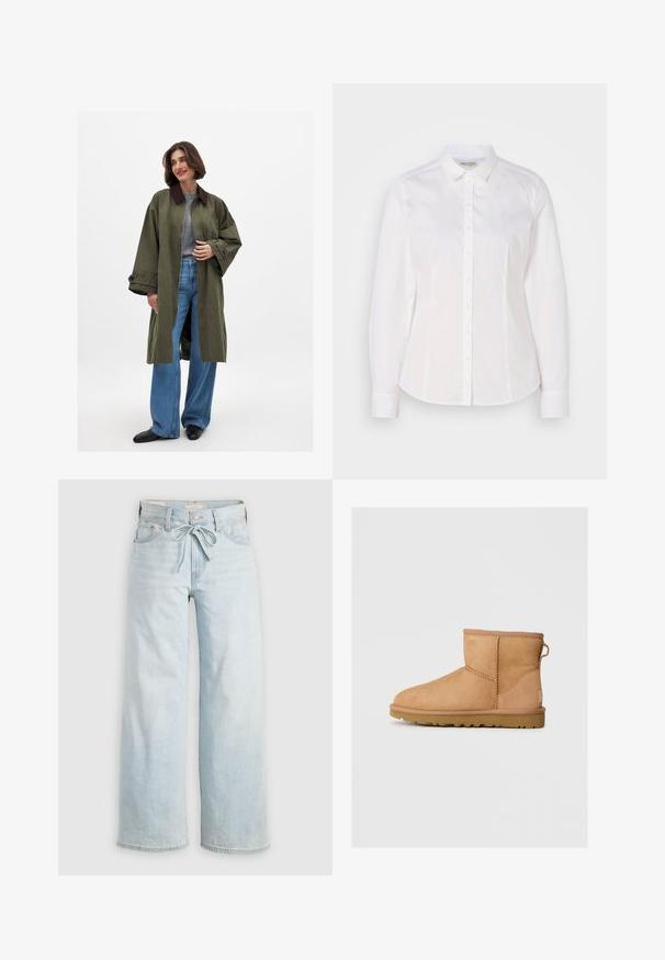 Olivno zelena prevelika plašč s svetlo rjavim ovratnikom, izdelan iz gladkega materiala. Dolgi rokavi, odprta sprednja stran, nošen čez sivo majico in široke modre kavbojke.; Bela srajca s gumbki, izdelana iz gladkega bombaža, z klasikastim ovratnikom, dolgimi rokavi in diskretno logotipom na prsih. Ima sprednje zapiranje z gumbi.; Svijetloplavi široki traperice s vezanjem sprijeda, klasičnim dizajnom s pet džepova i suptilnim izblijedjenjem duž nogu. Denim materijal.; Rjav nubuk čevlj z gležnjem s okroglo konico, šivanjem, zanko za pomoč pri oblačenju na hrbtni strani in teksturiranim gumijastim podplatom. Zasnovan za udobje in toplino.