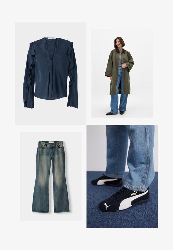 Manteau oversize vert olive avec col marron, fabriqué dans un tissu lisse. Manches longues, devant ouvert, porté sur un haut gris et un jeans large bleu.; Chemisier bleu marine en tissu léger avec un décolleté en V profond, des manches longues avec des accents volantés et une coupe ample au niveau de l'ourlet.; Jeans flair bleus avec un lavage décoloré, cinq poches et une fermeture à bouton. Le matériau présente une texture en denim avec des détails de couture subtils.; Baskets en daim noir avec accents blancs, arborant un logo doré. Portées avec un jean en denim bleu clair et posées sur une surface bleue texturée.