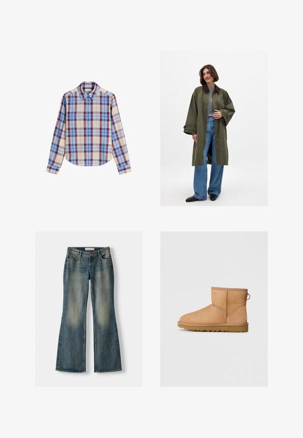 Olijfgroen oversized jas met een brown kraag, gemaakt van een gladde stof. Lange mouwen, open voorkant, gedragen over een grijze top en een blauwe wijde jeans.; Langsleeve shirt met een meerkleurig ruitpatroon in tinten blauw, bordeaux en beige, gemaakt van een soepele stof. Klassieke kraag.; Blauwe uitlopende spijkerbroek met een vervaagde wassing, vijf zakken en een knoopsluiting. Het materiaal heeft een denim textuur met subtiele stikseldetails.; Tan suède enkellaars met ronde neus, gestikte details, trekhaak aan de achterkant en een gestructureerde rubberen zool. Ontworpen voor comfort en warmte.