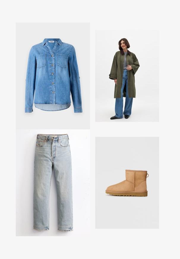 Olivno zelena prevelika plašč s svetlo rjavim ovratnikom, izdelan iz gladkega materiala. Dolgi rokavi, odprta sprednja stran, nošen čez sivo majico in široke modre kavbojke.; Svetlo modra jeans srajca z gumbi spredaj, dvema žepoma na prsih in zavihki na rokavih s podrobnostmi z gumbi.; Svetloljubčastozeleni šivani traper hlače s ravnim krojem, s razorenim rubom, bakrenim zakovicama i klasičnim pet džepnim stilom.; Rjav nubuk čevlj z gležnjem s okroglo konico, šivanjem, zanko za pomoč pri oblačenju na hrbtni strani in teksturiranim gumijastim podplatom. Zasnovan za udobje in toplino.