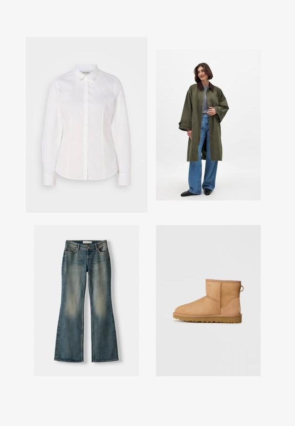Olivovo zelený prešívaný kabát s hnedým golierom, vyrobený z hladkej látky. Dlhé rukávy, otvorený predný diel, nosený cez šedý top a modré široké nohavice.; Biela košeľa na gombíky vyrobená z hladkej bavlny s klasickým golierom, dlhými rukávmi a jemným logom na hrudi. Obsahuje zapínanie na gombíky vpredu.; Modré vyšívané džínsy s vyblednutým vzhľadom, piatimi vreckami a zapínaním na gombík. Materiál zobrazuje denimovú textúru s jemnými švovými detailmi.; Svetlohnedé semišové členkové topánky s okrúhlou špičkou, prešívaním, pútkom na zadnej strane a textúrovanou gumovou podrážkou. Navrhnuté pre pohodlie a teplo.