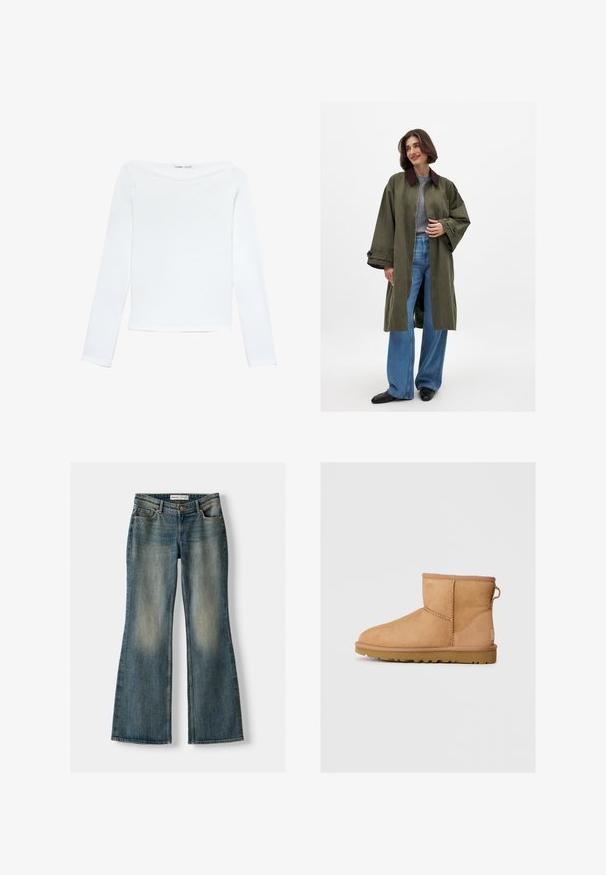 Olivgrön oversized kappa med brunt krage, tillverkad av ett mjukt tyg. Långa ärmar, öppen framtill, bärs över en grå topp och blå vida jeans.; Vit långärmad båtsträcksblus med slim fit och mjuk textur, utlagd platt på en vit bakgrund.; Blå utsvängda jeans med en blekt tvätt, fem fickor och knappstängning. Materialet visar en denimstruktur med subtila sömdetaljer.; Tan mockasinfärgad ankelbotten med rund tå, sydda detaljer, dragflik på baksidan och ett strukturerat gummisul. Designad för komfort och värme.