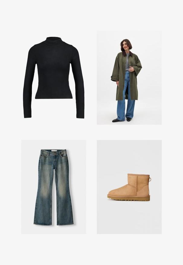 Oliven grøn oversized frakke med brun krave, lavet af et glat stof. Lange ærmer, åben front, båret over en grå top og blå brede bukser.; Sort langærmet turtleneck top lavet af ribbet stof, med en tætsiddende design og slank silhuet. Ingen mønstre eller detaljer.; Blå flared jeans med en falmet vask, fem lommer og knaplukning. Materialet viser en denimtekstur med subtile syninger.; Brune suede ankelstøvle med rund tå, stikninger, en pull tab bagpå og en tekstureret gummisål. Designet til komfort og varme.