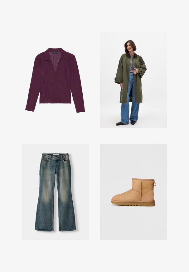 Olivgrön oversized kappa med brunt krage, tillverkad av ett mjukt tyg. Långa ärmar, öppen framtill, bärs över en grå topp och blå vida jeans.; Långärmad topp med djup V-urringning i mörklila med ribbad textur och krage. Har en figurnära design och lätt stretchn. ; Blå utsvängda jeans med en blekt tvätt, fem fickor och knappstängning. Materialet visar en denimstruktur med subtila sömdetaljer.; Tan mockasinfärgad ankelbotten med rund tå, sydda detaljer, dragflik på baksidan och ett strukturerat gummisul. Designad för komfort och värme.