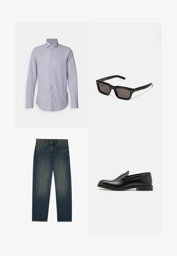 Bordeauxkleurige ritsjack van katoen, met een puntkraag, twee zijzakken, elastische zoom en een klein groen logo op de borst.; Lichtblauw en wit gestreept overhemd met lange mouwen, een button-down kraag, knopen aan de voorkant en een gebogen zoom. Zachte stoftextuur.; Donkerblauwe spijkerbroek met een recht model, vijf zakken en een lichte vervaging op de benen. Geschikt voor casual draagstijl.; Zwarte leren instappers met een gladde textuur, ronde neus en een decoratieve band over de wreef. Lage, gestapelde hak en minimalistisch ontwerp.; Zwarte rechthoekige zonnebril met donkere lenzen, een dik plastic montuur, gouden accenten op de veren en het merkembleem gegraveerd op de arm.