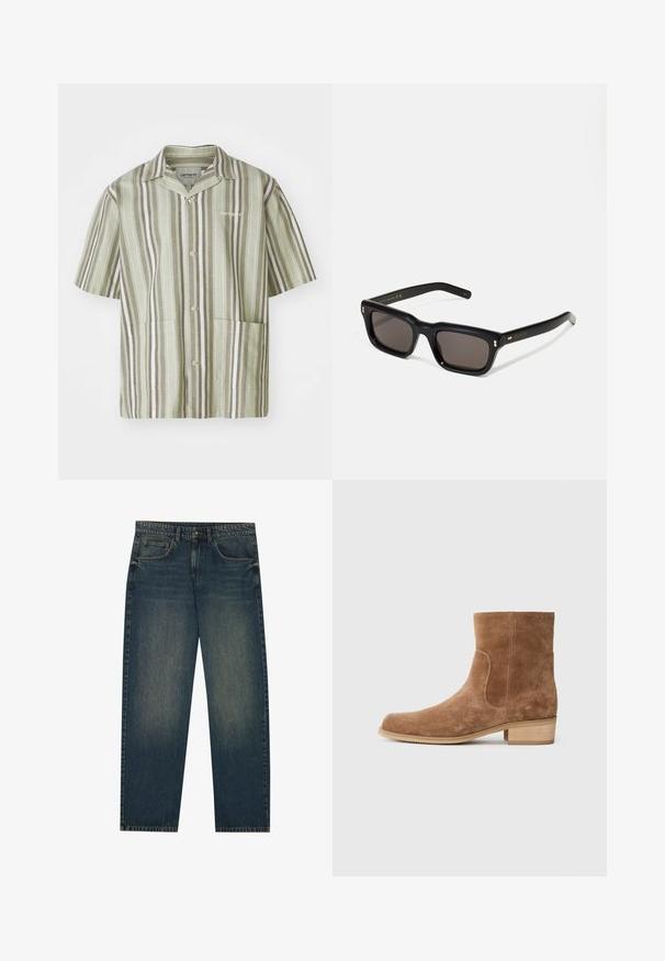 Bordo krāsas jaku ar rāvējslēdzēju, kas izgatavota no kokvilnas, ar punktveida apkakli, divām sānu kabatām, elastīgu apakšmalu un mazu zaļu logotipu uz krūtīm.; Šī ir īsām piedurknēm pogājama krekls gaiši zaļā krāsā ar vertikālām tumši zaļām un baltām svītrām. Tam ir divi priekšējie kabatas un uzpūsts apkakle.; Tumši zili džinsi ar taisnu griezumu, piecu kabatu dizainu un nelielu nolietojuma tekstūru uz kājām. Piemēroti ikdienas valkāšanai.; Brūni zamšādas potīšu zābaki ar nedaudz noapaļotu purngalu, zemu kaudzītē koka papēdi, elastīgām sānu paneļiem un gludām šuvēm gar šuvēm.; Melnas taisnstūra formas saulesbrilles ar tumšiem stikliem, bieza plastmasas rāmja, zelta akcenti pie tempļiem un zīmola logo iegravēts roku daļā.