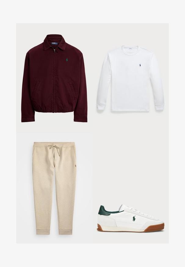 Burgundiškas zip-up džemperis, pagamintas iš medvilnės, su taškuotu apykakle, dviem šoniniais kišenėmis, elastingu apačios kraštu ir mažu žaliu logotipo ženklu ant krūtinės.; Ilgų rankovių baltas T-shirt, pagamintas iš medvilnės, turi apykaklę ir mažą tamsiai mėlyną logotipą kairėje krūtinės pusėje. Sklandus tekstūros, paprastas dizainas.; Kreminių spalvos sportinių kelnių pagamintų iš minkštos medžiagos, su elastingu juosmeniu ir raišteliu, užbaigtų guma ties keliais, ir mažas logotipas kairėje pusėje.; Baltos sportbačiai su žaliais odiniais akcentais ir šviesiai ruda guma. Turi audinio kūną ir išsiskiriančią logotipą šone. Su raišteliais.