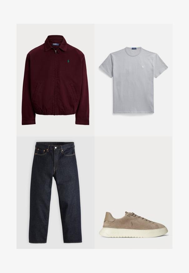 Burgundy zip-up jacket made of cotton, featuring a point collar, two side pockets, elastic hem, and a small green logo on the chest.; Gray cotton T-shirt with a crew neck, short sleeves, and a small white logo on the left chest. Smooth texture and relaxed fit.; Dark blue denim jeans with a straight cut, five pockets, contrasting orange stitching, and a button fly. No visible patterns or embellishments.; Suede sneakers in taupe with a white rubber sole. Features include lace-up front and a logo embossed on the side and heel.