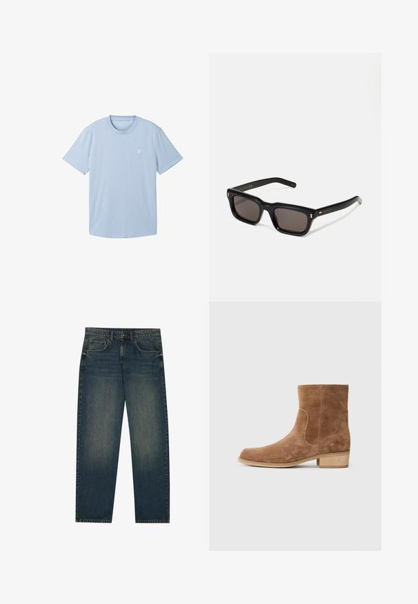 Bordo krāsas jaku ar rāvējslēdzēju, kas izgatavota no kokvilnas, ar punktveida apkakli, divām sānu kabatām, elastīgu apakšmalu un mazu zaļu logotipu uz krūtīm.; Gaiši zila īsām piedurknēm krekls, izgatavots no mīksta auduma, ar apaļu kakla izgriezumu un mazu logo kreisajā krūšu daļā. Vienkārša tekstūra.; Tumši zili džinsi ar taisnu griezumu, piecu kabatu dizainu un nelielu nolietojuma tekstūru uz kājām. Piemēroti ikdienas valkāšanai.; Brūni zamšādas potīšu zābaki ar nedaudz noapaļotu purngalu, zemu kaudzītē koka papēdi, elastīgām sānu paneļiem un gludām šuvēm gar šuvēm.; Melnas taisnstūra formas saulesbrilles ar tumšiem stikliem, bieza plastmasas rāmja, zelta akcenti pie tempļiem un zīmola logo iegravēts roku daļā.