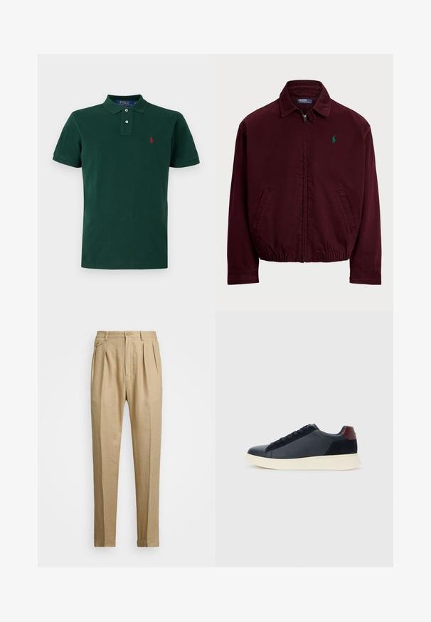 Casaco burgundy com fecho éclair feito de algodão, apresentando um colarinho tipo ponta, dois bolsos laterais, barra elástica e um pequeno logótipo verde no peito.; Camisa polo verde em algodão, com colarinho clássico, dois botões brancos e um pequeno logo vermelho no lado esquerdo do peito. Mangas curtas.; Calças de linho bege com corte reto, apresentando dois plissados frontais, fecho com botão e bolsos laterais. Tecido texturizado com um acabamento suave.; Sapatilha baixa masculina em couro preto e camurça com aba de calcanhar em amarelo-escuro e sola de borracha branca, vista do lado exterior.