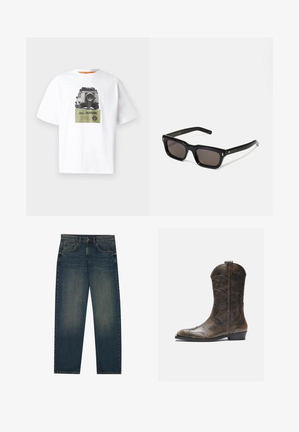 Βουργουνδικό φουτεράκι με φερμουάρ από βαμβάκι, με γιακά τύπου point, δύο πλευρικές τσέπες, ελαστική μέση και ένα μικρό πράσινο λογότυπο στο στήθος.; Λευκό βαμβακερό T-shirt με γραφικά ενός οχήματος και το κείμενο "ALL-TERRAIN" σε πράσινο χρώμα, με σχέδιο σε μαύρο και άσπρο. Πορτοκαλί εσωτερικός γιακάς.; Σκούρες μπλε τζιν παντελόνες με ίσια γραμμή, πέντε τσέπες και ελαφρώς ξεθωριασμένη υφή στα πόδια. Ιδανικές για καθημερινή χρήση.; Καφέ δερμάτινη καουμπόικη μπότες με ψηλό λαιμό, μυτερή μύτη, περίπλοκα σχέδια ραφής και μικρό τακούνι. Υφή σε όλη την επιφάνεια.; Μαύρα ορθογώνια γυαλιά ηλίου με σκούρους φακούς, χοντρό πλαστικό σκελετό, χρυσές λεπτομέρειες στους ναούς και λογότυπο μάρκας σκαλισμένο στο βραχίονα.