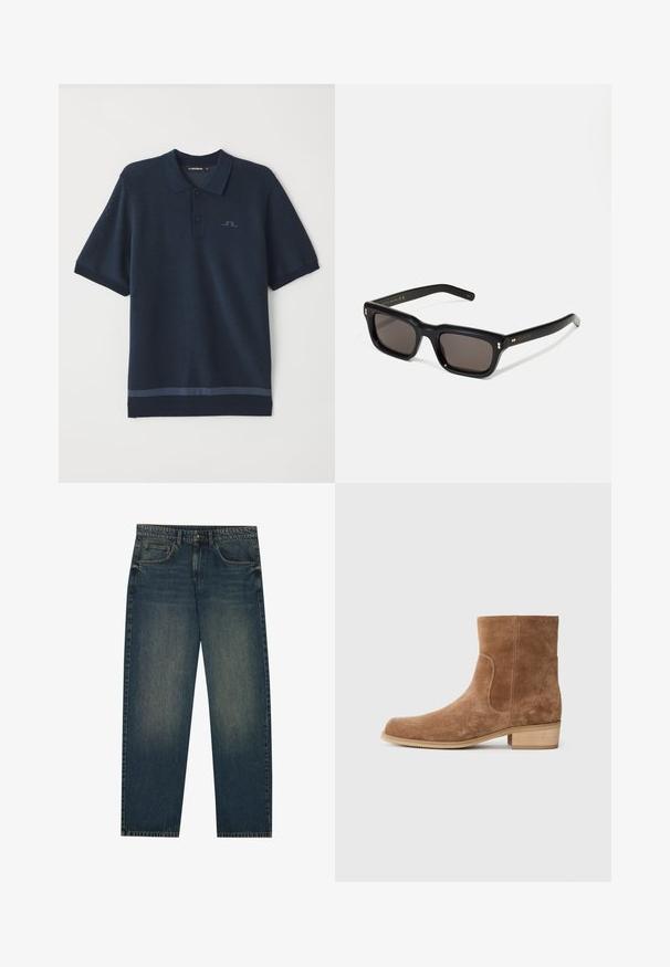 Burgundia värvi lukuga jakk, mis on valmistatud puuvillast, punktkaelusega, kahe küljetaskuga, elastse äärega ja väikese rohelise logoga rinnal.; Tumed sinine polo-särk tekstureeritud kudumisega, lühikesed varrukad, nööbiplakk ja diskreetne logo rinnal. Omab erinevat tooni äärist allosas.; Tumed sinine denimi teksad otse lõikega, viie taskuga disain ja kergelt kulunud tekstuur jalgadel. Sobib igapäevaseks kandmiseks.; Pruunist sametist ankle saapad, millel on veidi ümar varvas, madal puitkandiline konts, elastsed külgpaneelid ja sujuv õmblus vahekohtade mööda.; Mustad mustakorruselised prillid tumedate läätsedega, paks plastikraam, kuldsed aksendid templites ning kaubamärgi logo graveeritud käe lilla.