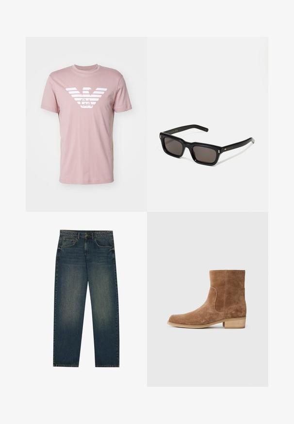 Burgundowa kurtka na zamek wykonana z bawełny, z kołnierzykiem typu point, dwoma bocznymi kieszeniami, elastycznym dołem i małym zielonym logo na klatce piersiowej.; Emporio Armani - T-shirt z nadrukiem; Granatowe dżinsy z prostym krojem, pięcioma kieszeniami i lekko wyblakłą teksturą na nogawkach. Idealne na codzienne wyjścia.; Brązowe zamszowe botki za kostkę z lekko zaokrąglonym noskiem, niskim, drewnianym obcasem, elastycznymi bocznymi panelami oraz gładkimi przeszyciami wzdłuż szwów.; Czarne prostokątne okulary przeciwsłoneczne z ciemnymi soczewkami, grubą plastikową oprawą, złotymi akcentami na zausznikach oraz wygrawerowanym logo marki na ramieniu.