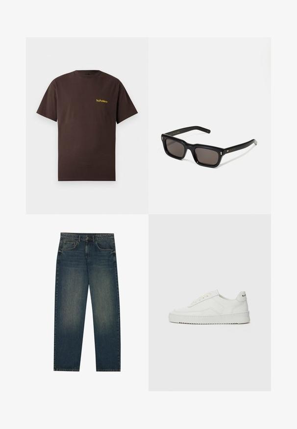 Jachetă burgundy cu fermoar, fabricată din bumbac, având guler tip point, două buzunare laterale, tiv elastic și un mic logo verde pe piept.; No Problemo MINI TEE - Tricou basic - brown; Jeans din denim de culoare albastru închis, cu un croi drept, design cu cinci buzunare și o textură ușor decolorată pe picioare. Potrivit pentru ținute casual.; Sneakers din piele albă cu un finisaj neted, vârf rotund, șireturi plate și o talpă texturată. Prezintă un logo subtil pe călcâi.; Ochelari de soare negri, rectangul care au lentile întunecate, ramă din plastic gros, accente aurii pe brațe și logo-ul brandului gravat pe mâner.