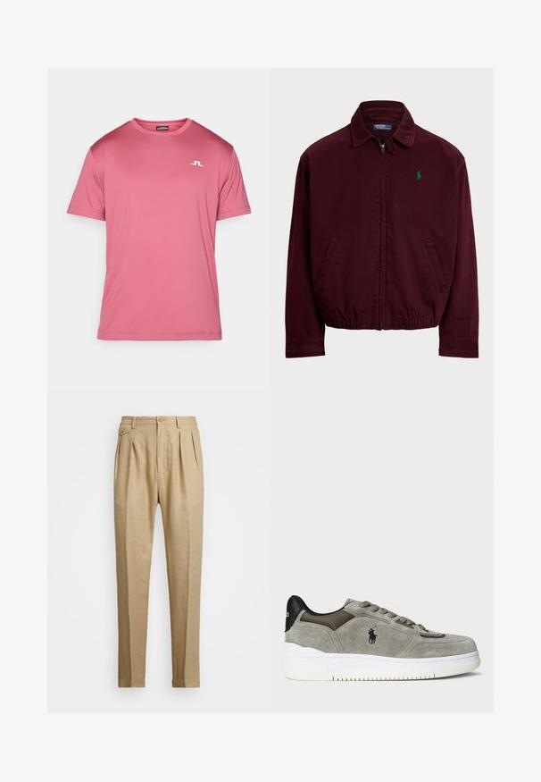 Βουργουνδικό φουτεράκι με φερμουάρ από βαμβάκι, με γιακά τύπου point, δύο πλευρικές τσέπες, ελαστική μέση και ένα μικρό πράσινο λογότυπο στο στήθος.; Ροζ αθλητικό μπλουζάκι κοντομάνικο κατασκευασμένο από απαλό, ελαφρύ ύφασμα. Διαθέτει λευκό λογότυπο στο αριστερό στήθος. Στρογγυλή λαιμόκοψη, χωρίς σχέδια.; Μπεζ λινές παντελόνες με ίσια γραμμή, που διαθέτουν δύο μπροστινές πιέτες, κλείσιμο με κουμπί και πλάγιες τσέπες. Υφασμάτινη επιφάνεια με απαλή υφή.; Γκρίζα σουέντ αθλητικά παπούτσια με υφή στο άνω μέρος, αντίθετη μαύρη φτέρνα, λευκή σόλα και κεντητό λογότυπο. Σχεδίαση με κορδόνια και έξι οπές.