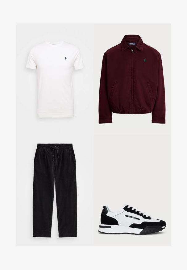 Burgundská zipová bunda vyrobená z bavlny, s límečkem, dvěma bočními kapsami, elastickým lemem a malým zeleným logem na hrudi.; Bílá bavlněná tričko s kulatým výstřihem. Obsahuje malé tmavě modré logo na levé straně hrudi. Krátké rukávy, hladká textura.; Černé kordové kalhoty s volným střihem, vybavené elastickým pasem se šňůrkou a bočními kapsami. Tkanina má jemně rýhovanou strukturu.; Tenisky s černým semišem a bílou koženou svrchní částí, s černou gumovou podrážkou, bílými tkaničkami a logem "POLO SPORT" na boku.