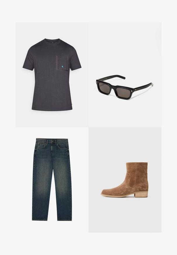 Giacca zip-up bordeaux in cotone, con colletto a punta, due tasche laterali, orlo elastico e un piccolo logo verde sul petto.; T-shirt a girocollo grigio scuro realizzata in morbido tessuto, con taschino sul petto bordato di grigio più scuro e un piccolo logo blu sulla tasca.; Jeans in denim blu scuro con taglio dritto, design a cinque tasche e una leggera texture sbiadita sulle gambe. Adatti per un abbigliamento casual.; Stivaletti in suede marrone con punta leggermente arrotondata, tacco in legno basso e impilato, pannelli elastici ai lati e cuciture lisce lungo le giunture.; Occhiali da sole neri rettangolari con lenti scure, montatura spessa in plastica, dettagli dorati sulle tempie e logo del marchio inciso sull'asta.