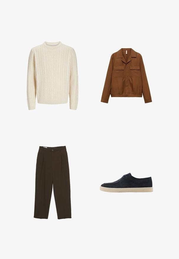 Braune, knöpfbare Hemdenjacke aus glattem Stoff. Sie verfügt über einen spitzen Kragen, zwei Brusttaschen und langärmelige Ärmel.; Cremefarbener, gestrickter Pullover mit strukturiertem Rippmuster, runder Ausschnitt und gerippten Bündchen sowie Saum. Weicher, dicker Stoff.; Dunkelbraune maßgeschneiderte Hosen mit vorderen Falten, Gürtelschlaufen und einem Knopfverschluss an der Taille.; Marineblaue Wildlederschuhe mit runder Spitze, zwei Ösen für die Schnürsenkel und einer cremefarbenen Gummisohle. Glatte Textur und minimalistisches Design.