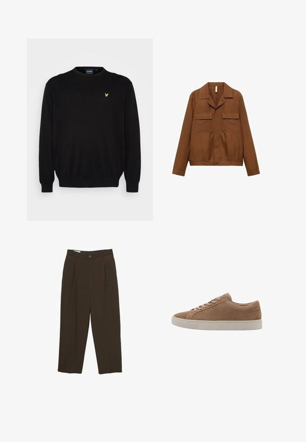 Rjava, srajčna jakna z gumbki, izdelana iz gladkega materiala. Ima konični ovratnik, dve prsni žepki in dolge rokave.; Črni pleteni pulover z dolgimi rokavi in okroglim izrezom. Ima majhen rumen orlov logotip na levem predelu prsnega koša. Elastični manšeti in rob.; Temno rjave hlače po meri s sprednjimi gubami, zankami za pas in gumbom za zapiranje ob pasu.; Rjavi semiš nizki štampiljki s bež gumijastim podplatom in ujemajočimi se rjavimi vezalkami, prikazan v profilu na belem ozadju.