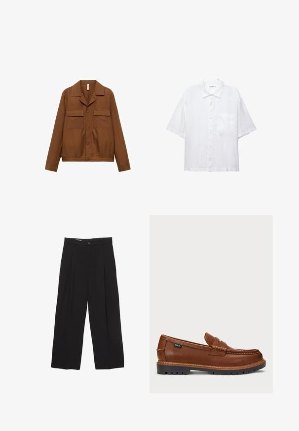 Veste chemise marron à boutons, fabriquée à partir d'un tissu lisse. Comprend un col pointu, deux poches poitrine et des manches longues.; Chemise blanche à manches courtes avec un devant à boutons, un col et une seule poche poitrine. Fabriquée en tissu léger avec une texture douce.; Pantalons larges noirs en tissu lisse, avec une taille plate, des plis avant et un bouton unique.; Loafer en cuir marron avec des surpiqûres décoratives et une texture au niveau de la pointe. La semelle présente un design robuste, offrant adhérence et durabilité.