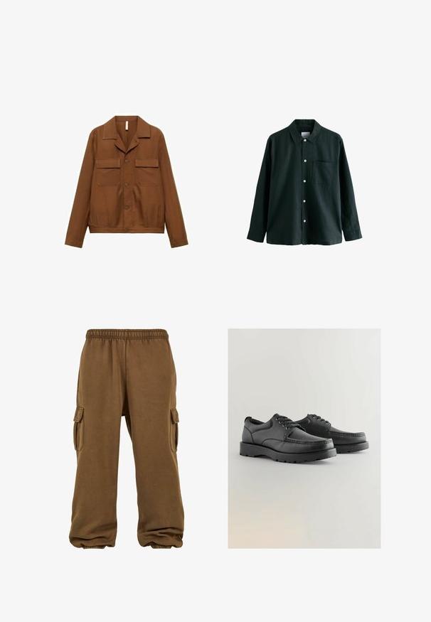 Rjava, srajčna jakna z gumbki, izdelana iz gladkega materiala. Ima konični ovratnik, dve prsni žepki in dolge rokave.; Temnozeleno srajco z gumbom in ovratnikom, dolgimi rokavi in enim žepom na prsih; ima bele gumbe in mehko teksturo.; Rjave trenirke iz mehkega materiala z ohlapnim krojem, ki imajo elastičen pas, zožene manšete in stranske cargo žepke.; Črne usnjene čevlje z teksturirano zgornjo plastjo, okroglo toe, zavezovanjem in debelim gumijastim podplatom, ki ima vzorčno podlago.