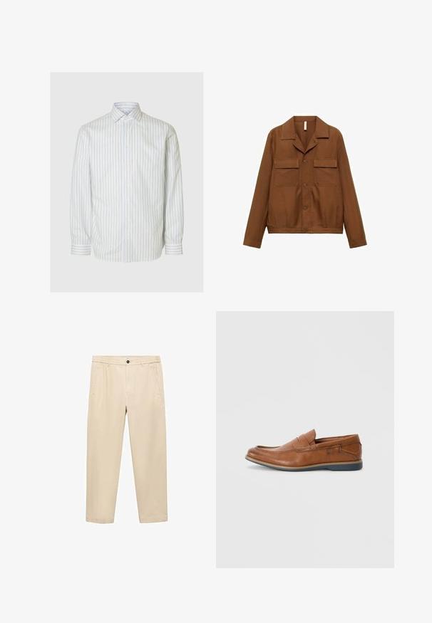 Brun, knäppt jacka skjorta tillverkad av ett slätt tyg. Har en spetsig krage, två bröstfickor och långa ärmar.; Vit långärmad skjorta med blå vertikala ränder, knappslå och klassisk krage. Tillverkad av slätt tyg, med en skräddarsydd passform.; Beige, avslappnade byxor i ett mjukt tyg; har en elastisk midja, framfickor och raka ben.; Bruna läder loafers med rund tå, sydda accenter och en låg gummisula. Designen har ett band över framsidan.