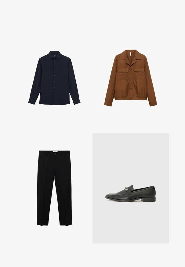 Camicia giacca marrone, con bottoni, realizzata in un tessuto liscio. Presenta un colletto a punta, due tasche sul petto e maniche lunghe.; Reiss REGULAR FIT - RUBAN BUTTON-THROUGH - Camicia - navy; Pantaloni neri su misura con taglio dritto, dotati di chiusura con un solo bottone, passanti per la cintura e pieghe frontali. Realizzati in un tessuto liscio.; Mocassino in pelle nera con finitura liscia, caratterizzato da un design cucito e da un accento decorativo in catena metallica sul vamp. Tacco piatto.