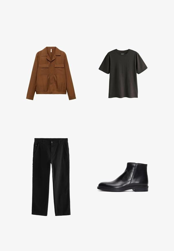 Camicia giacca marrone, con bottoni, realizzata in un tessuto liscio. Presenta un colletto a punta, due tasche sul petto e maniche lunghe.; T-shirt grigio scuro a maniche corte realizzato in cotone. Presenta un collo a giro e una vestibilità comoda, con una superficie liscia e senza motivi visibili.; Pantaloni in cotone neri con design a gamba dritta, caratterizzati da una chiusura frontale con bottone, tasche laterali angolate e dettagli di cucitura discreti.; Derimod Stivaletti - black