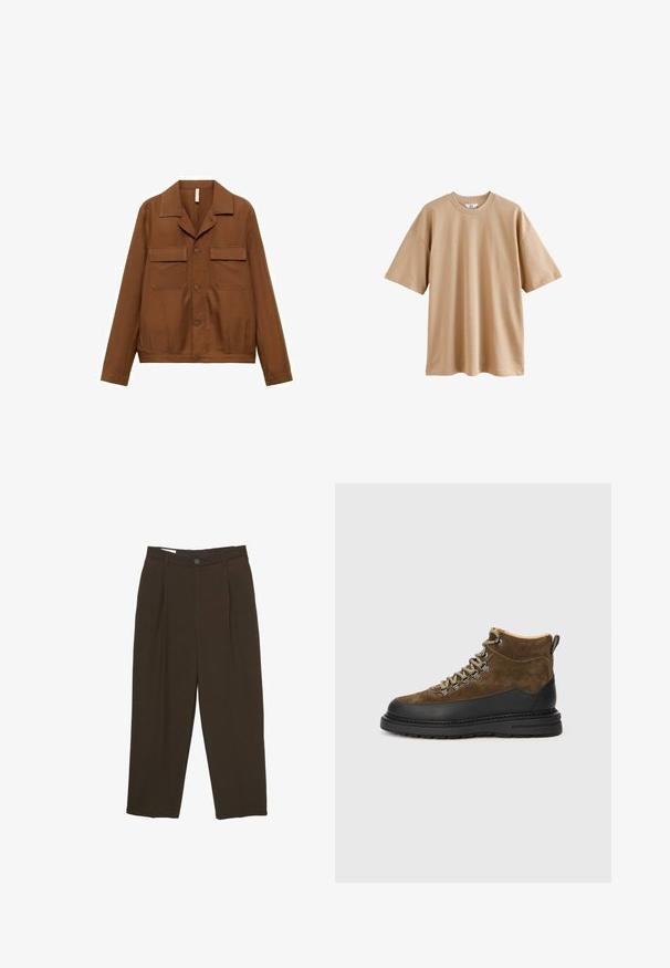 Veste chemise marron à boutons, fabriquée à partir d'un tissu lisse. Comprend un col pointu, deux poches poitrine et des manches longues.; T-shirt beige à manches courtes en coton avec un col rond et une coupe décontractée, présentant une texture lisse sans motifs ni accents.; Pantalons ajustés marron foncé avec des plis à l'avant, passants de ceinture et fermeture à bouton à la taille.; Bottines de randonnée en daim marron avec une semelle en caoutchouc noir, bout rond et lacets verts. Elles sont dotées d'un col rembourré et d'une languette pour un enfilage facile.