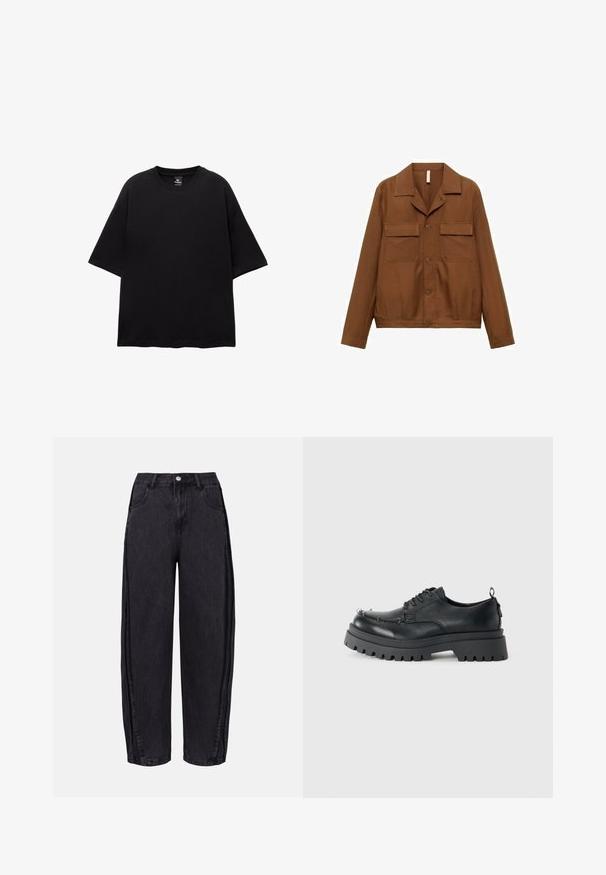 Ruskas, mygtukų užsegamas marškiniai su švarku, pagamintas iš lygios medžiagos. Yra smailus kirpimas, dvi krūtinės kišenės ir ilgos rankovės.; Mustat ylipitkät t-paidat, jotka on valmistettu puuvillasta. Lyhyet hihat, pyöreä kaula-aukko ja suora helma. Ei kuvioita tai koristeita. Yksinkertainen ja moderni muotoilu.; Mustat leveälahkeiset farkut, jotka on valmistettu sileästä denimmateriasta. Ominaisuuksiin kuuluvat korkea vyötärö, etutaskut ja nappikiinnitys vyötärön kohdalla.; Musta tukeva nahkakenkä, jossa on paksu, jykevä pohja ja metallinapit varpaan alueella, valokuvattu vaaleaa taustaa vasten.