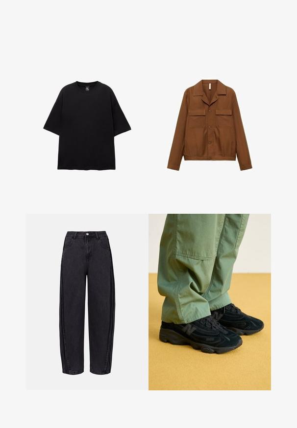 Brun, knaplukket skjortejakke lavet af et glat stof. Har en spids krave, to brystlommer og lange ærmer.; Sort oversized t-shirt lavet af bomuld. Korte ærmer, rund hals og lige kant. Ingen mønstre eller dekorationer. Enkel og moderne design.; Sorte vidde jeans lavet af denim med en glat tekstur. Har højt liv, forlommer og knappelukning i taljen.; Sorte New Balance sneakers med en struktureret overdel, der har et fremtrædende logo og en polstret sål, parret med løse grønne bukser.
